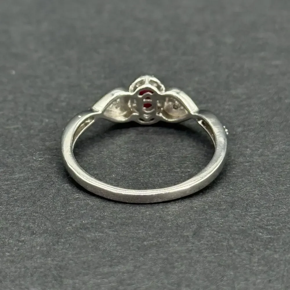 Signed STS 925 Sterling Silver Oval Ruby White Topaz Heart Accent Ring Size 9